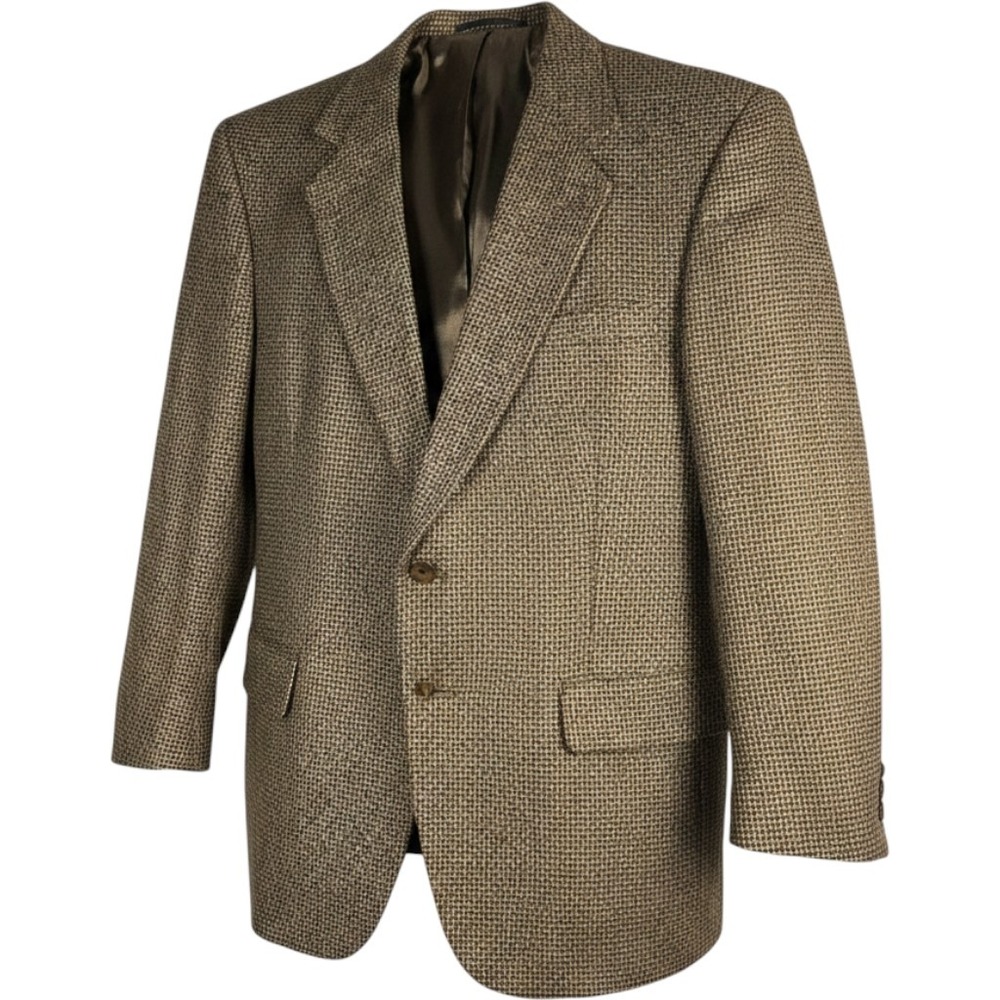Vintage Silk/Wool/Poly Houndstooth Blazer Brn Tan Two Button Sport Coat Mens Jkt